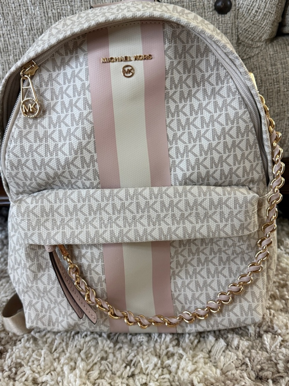 Michael Kors Cream & Blush Signature Stripe Mini Backpack - Picture 2 of 7